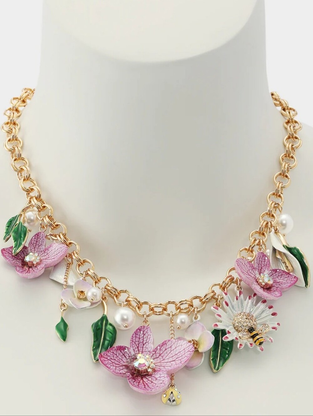 Betsey Johnson Pink Floral Charms Gold Chain Statement Necklace
